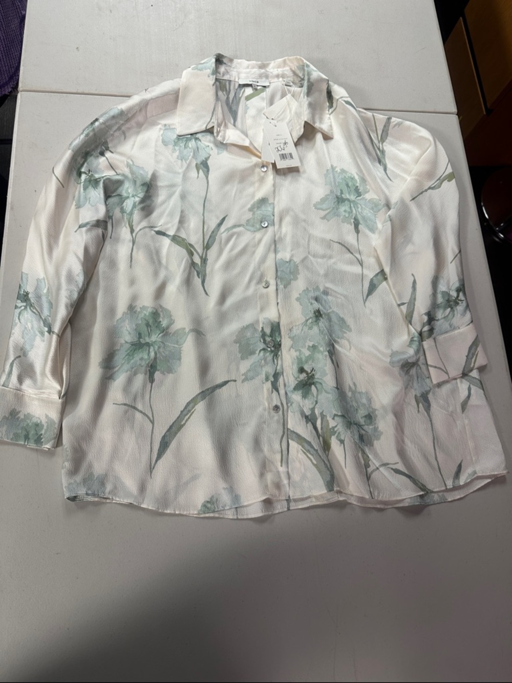 Vince Cream Sheer Floral Button-Up Blouse with Mint Green Print NWT XL